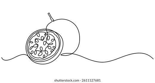 Passion fruit, maracuya simple color vector illustration. One line art drawing with lettering organic passion fruit, Passion fruit continuous one line drawing, fruit vector illustration.,  Fresh style