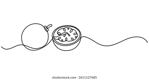 Passion fruit, maracuya simple color vector illustration. One line art drawing with lettering organic passion fruit, Passion fruit continuous one line drawing, fruit vector illustration.,  Fresh style
