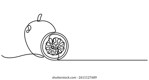 Passion fruit, maracuya simple color vector illustration. One line art drawing with lettering organic passion fruit, Passion fruit continuous one line drawing, fruit vector illustration.,  Fresh style