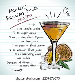 Passion fruit martini cocktail, vector sketch hand drawn illustration, fresh summer alcoholic drink with recipe and fruits
