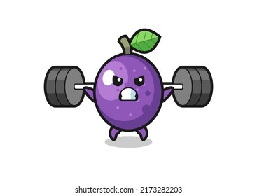 passion fruit mascot cartoon with a barbell , cute style design for t shirt, sticker, logo element