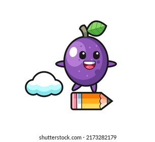 passion fruit mascot illustration riding on a giant pencil , cute style design for t shirt, sticker, logo element