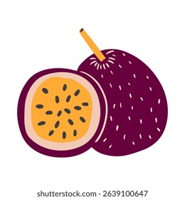 Passion fruit modern flat vector illustration. Whole and cut exotic fruit with seeds.