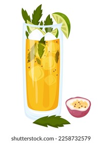 Passion Fruit Mojito tropical Cuban cocktail. Mojitos summer cocktail in glass with ice cubes, mint and lime. Vector illustration Latin American drink in cartoon style for design and decoration