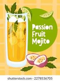 Pasión Fruta Mojito cóctel tropical cubano. Cartel de color vertical con cóctel de verano de Mojitos con cubos de hielo, menta y cal. Ilustración vectorial Bebida latinoamericana amarilla en estilo caricatura