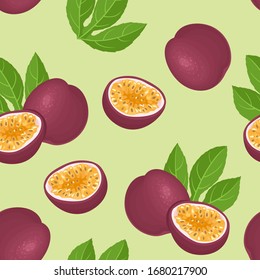 Passion fruit on a green background. Food seamless pattern. Vector illustration of ripe tropical fruit and green leaves in cartoon flat style.