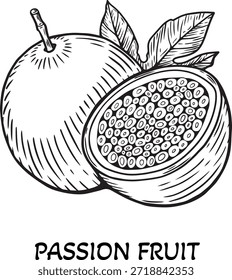 Passion fruit on a white background with detailed illustrations showing fruit and seeds