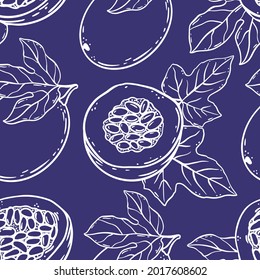 PASSION FRUIT PATTERN Köstliche Dilicacy Ganze und Scheiben für die Gestaltung von ökologischen Naturprodukten Shop und Dessert Drinks in Skizze Stil Violet nahtlose Vektorgrafik