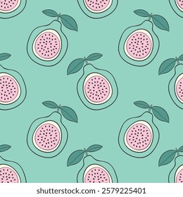 Passion fruit pattern in pastel pink and green color, summer vibes, with leaves, stylized contour drawing.