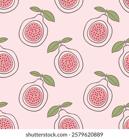 Passion fruit pattern pink color, summer vibes, with leaves, stylized contour drawing.