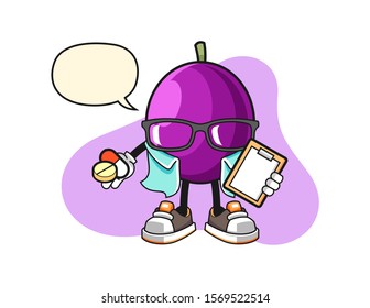 Passion fruit pharmacist with speech bubble cartoon. Mascot Character vector.