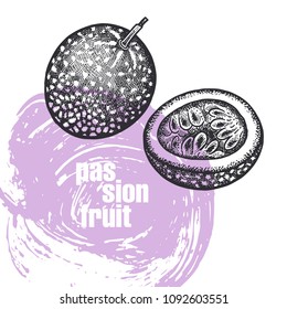 Passion fruit. Realistic vector illustration of fruit isolated on white background. Hand drawing sketch. Design for package of health and beauty natural products. Vintage black and white engraving