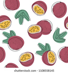 Passion fruit seamless pattern. Hand drawn brush grunge exotic fruit background. Colorful fruits.