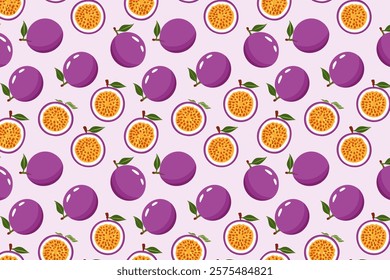 Passion fruit seamless pattern on blue background. Vector illustration of passion fruit.