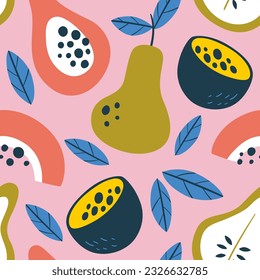 Passion fruit seamless pattern. Square repeat pattern, with passion fruit, papaya, pear and fruit slices. Abstract colorful composition. Flat vector design pattern.