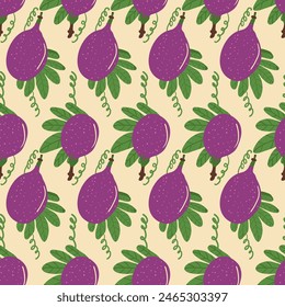 Passion fruit seamless pattern. Tropical fruits with foliage endless dark background. Maracuya repeat cover. Vector hand drawn flat illustration.