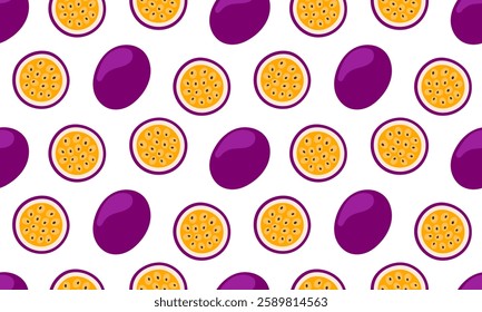 Passion fruit seamless pattern. Tropical fruits background design. Collection of organic vitamins and healthy nutrition. Flat Vector illustration