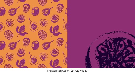 Passion fruit seamless pattern. Vector passion fruit background. Tropical banner template with hand drawn granadilla pattern. Exotic fruits.