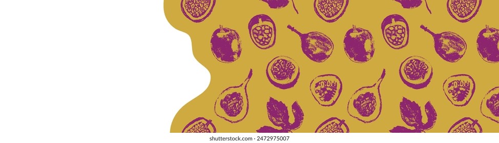 Passion fruit seamless pattern. Vector passion fruit background. Tropical banner template with hand drawn granadilla pattern. Exotic fruits.