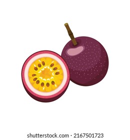 Passion fruit set design with isolated whole and halved sweet tropical fruit. Exotic vegan food in flat detailed vector style for packaging, designs, decorative elements