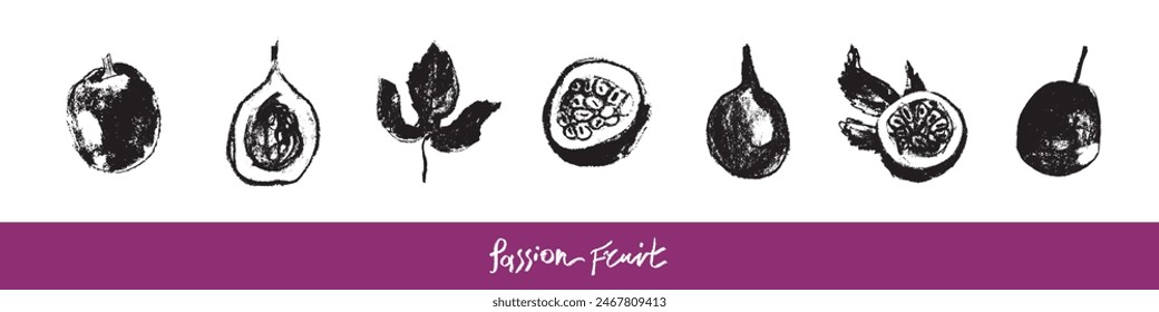 Passion fruit signs in hand drawn style with rough charcoal texture. Granadilla icons for cosmetics, yogurt, fruits puree label. Hand lettering passion fruit. Symbols set of passion fruit.