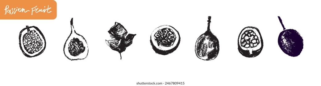 Iniciar sesión de fruta de la pasión dibujado a mano estilo con textura de carbón duro. Iconos de granadilla para cosméticos, yogur, etiqueta de puré de frutas. Letras a mano de fruta de la pasión. Conjunto de símbolos de maracuyá.