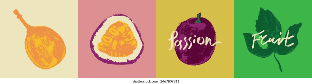 Passion fruit signs in hand drawn style with rough charcoal texture. Colorful granadilla icons for cosmetics, yogurt, fruits puree label. Hand lettering passion fruit. Symbols set of passion fruit.