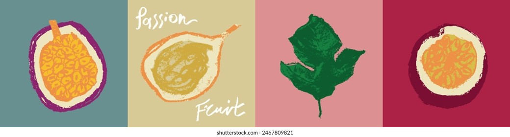 Iniciar sesión de fruta de la pasión dibujado a mano estilo con textura de carbón duro. Iconos coloridos de granadilla para cosméticos, yogur, etiqueta de puré de frutas. Letras a mano de fruta de la pasión. Conjunto de símbolos de maracuyá.