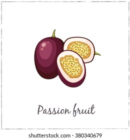 Passion fruit with Slice. Collection of Exotic Fruits.  Vector isolated illustration for design menus, recipes and packages product.