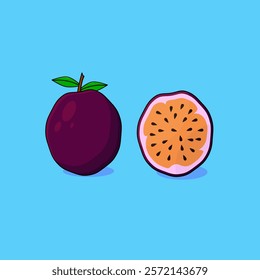 Passion fruit and sliced passion fruit illustration with blue background. Suitable for fruit-themed designs.