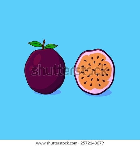 Passion fruit and sliced passion fruit illustration with blue background. Suitable for fruit-themed designs.