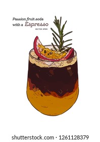 Passion fruit soda with Espresso shot, hand draw sketch vector for cafe. Special menu