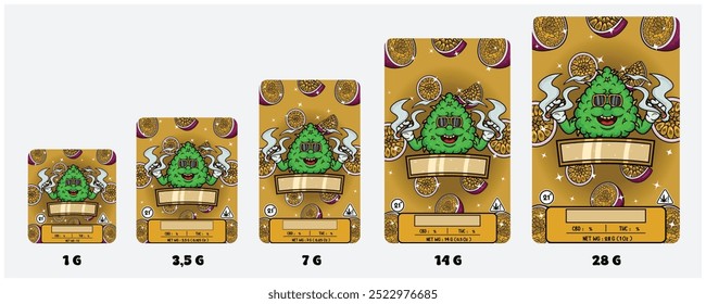 Passion Fruit Strains and Weed Bud With Smoking Mascot Cartoon. Product Packaging Cover Set With 1G, 3,5G , 7G, 14G and 28G. Scalable Size Without Losing the Quality. Vectors And Illustration.
