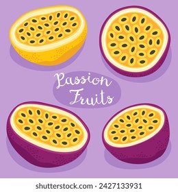 Passion fruit. Tropical fruits. Fresh, ripe fruit. Half and slice of passion fruit. Cartoon vector illustration.