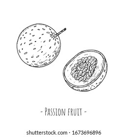 Passion fruit. Vector cartoon illustrations. Isolated objects on a white background. Hand-drawn style.