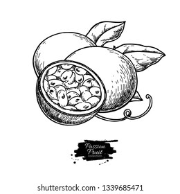 Passion fruit vector drawing. Hand drawn tropical food illustration. Engraved summer passionfruit. Whole and sliced maracuya with leaves. Botanical vintage sketch for label, juice packaging design