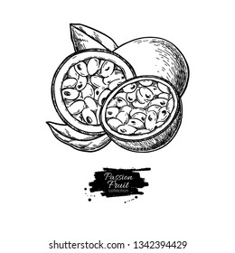 Passion fruit vector drawing. Hand drawn tropical food illustration. Engraved summer passionfruit. Whole and sliced maracuya with leaves. Botanical vintage sketch for label, juice packaging design