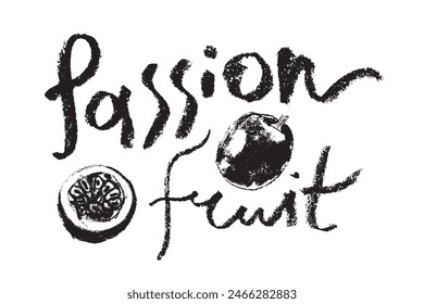 Dibujo de Vector de fruta de la pasión en estilo dibujado a mano con carbón duro y textura de grafito. Símbolo de granadilla negra para cosméticos, envases de yogur, etiquetas de alimentos vegetarianos. Letras a mano de maracuyá