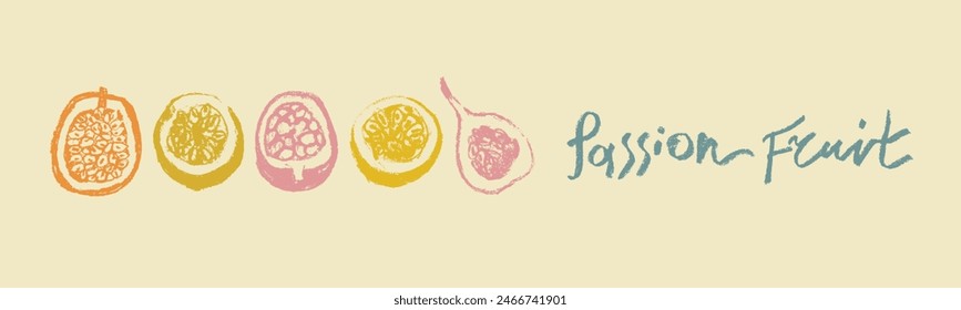 Dibujo de Vector de fruta de la pasión en estilo dibujado a mano con carbón duro y textura de grafito. Símbolo de granadilla de color para cosméticos, envases de yogur, etiquetas de puré de frutas. Letras a mano de maracuyá