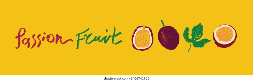 Passion fruit vector drawing in hand drawn style with rough charcoal and graphite texture. Color granadilla symbol for cosmetics, yogurt packaging, fruits puree labels. Hand lettering passion fruit