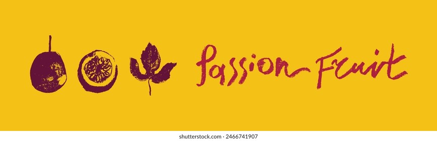 Dibujo de Vector de fruta de la pasión en estilo dibujado a mano con carbón duro y textura de grafito. Símbolo de granadilla de color para cosméticos, envases de yogur, etiquetas de puré de frutas. Letras a mano de maracuyá