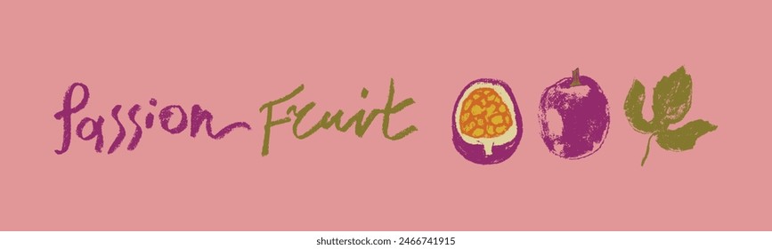 Dibujo de Vector de fruta de la pasión en estilo dibujado a mano con carbón duro y textura de grafito. Símbolo de granadilla de color para cosméticos, envases de yogur, etiquetas de puré de frutas. Letras a mano de maracuyá