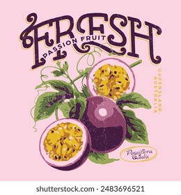 Ilustración gráfica de Vector de fruta de la pasión, diseño de impresión de alimentos para frutas de la pasión, camiseta gráfica de verano retro vintage