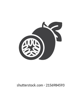 Icono vectorial de fruta de pasión. signo plano relleno para concepto móvil y diseño web. Frutos de pasión con icono de glifo hoja. Símbolo, ilustración del logotipo. Gráficos vectoriales
