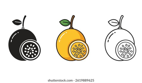 Passion Fruit Vector Icon Set With Color And Black And White Variations