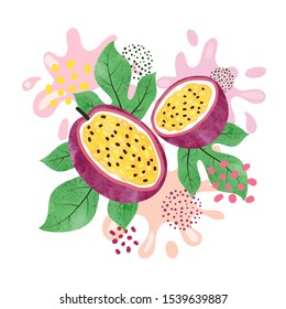 Passion fruit vector illustration. Abstract watercolor juicy fruit splash