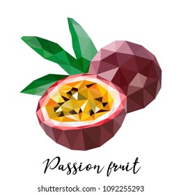 Passion fruit. Vector illustration in low poly style. Illustration of tropical fruit in polygonal style. Can be used as a print for T-shirts, food packaging, textiles, souvenirs, notepads.