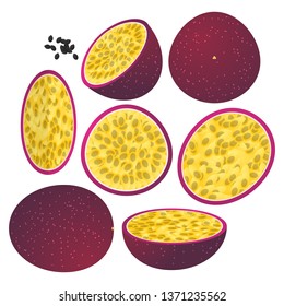 Passion fruit vector illustration set. Whole, sliced and halved Passion fruit graphics.