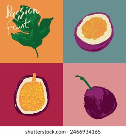 Vector de fruta de la pasión Iniciar sesión dibujado a mano estilo con textura de carbón duro. Símbolo de granadilla de color para cosméticos, yogur, etiqueta de puré de frutas. Letras a mano de fruta de la pasión. Conjunto de iconos de maracuyá.