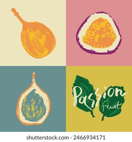 Passion fruit vector signs in hand drawn style with rough charcoal texture. Color granadilla symbol for cosmetics, yogurt, fruits puree label. Hand lettering passion fruit. Icon set of passion fruit.